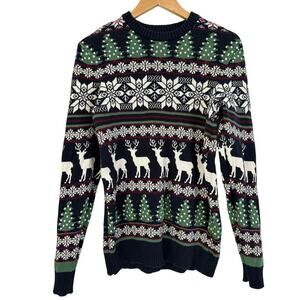 Aspen Fair Isle Christmas Sweater Deer Snowflake Trees Navy Green Size Small